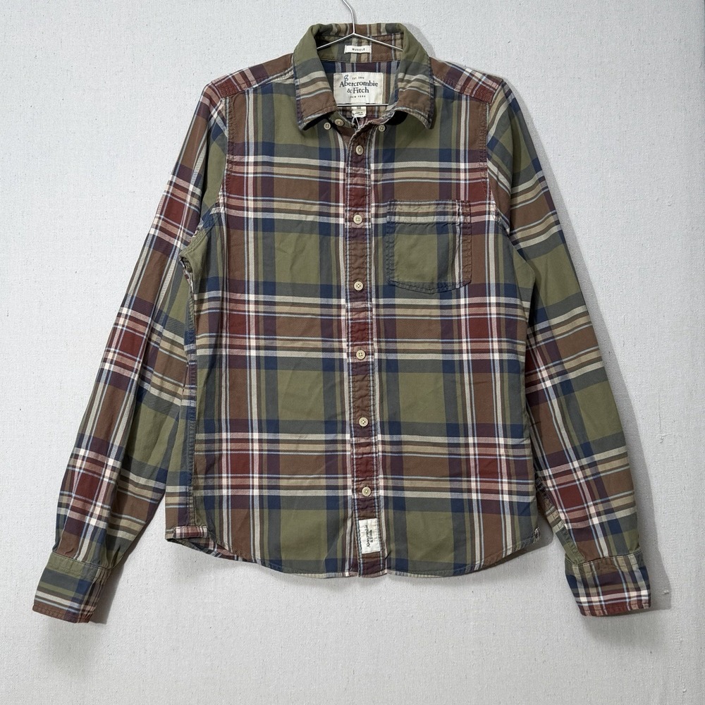 Y2K Abercrombie Fitch Plaid Button Shirt Mens Medium Green Brown Casual